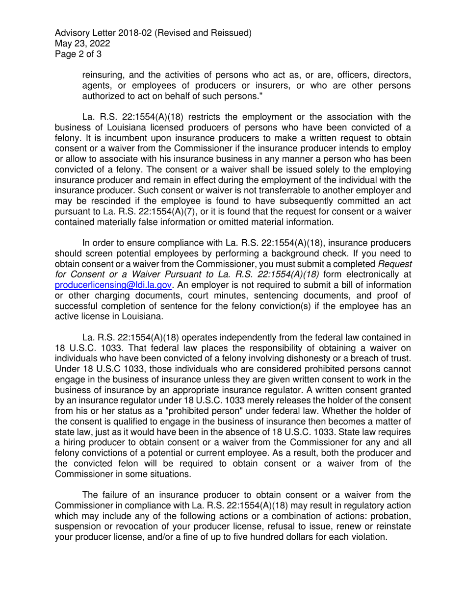 Request for Consent or a Waiver Pursuant to La. R.s. 22:1554(A)(18) - Louisiana, Page 2