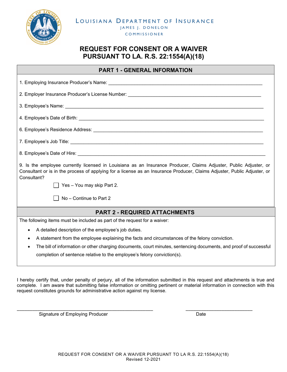 Request for Consent or a Waiver Pursuant to La. R.s. 22:1554(A)(18) - Louisiana, Page 4