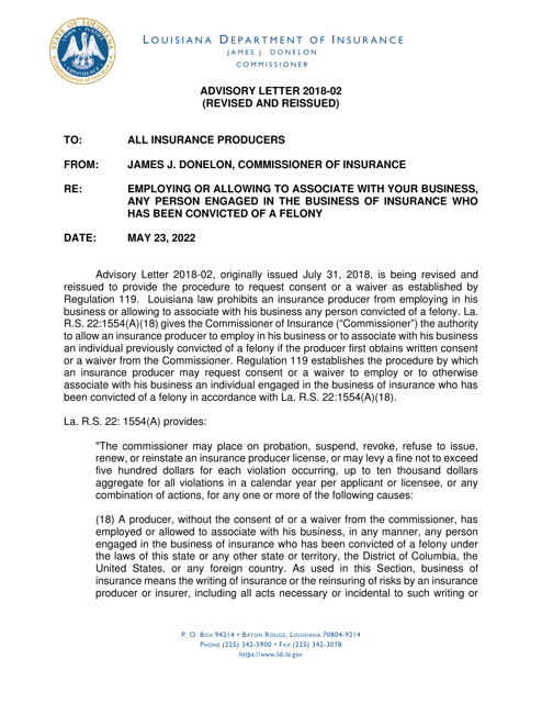 Request for Consent or a Waiver Pursuant to La. R.s. 22:1554(A)(18) - Louisiana Download Pdf