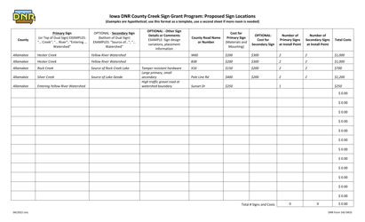Document preview: DNR Form 542-0433 Proposed Sign Locations - Iowa DNR County Creek Sign Grant Program - Iowa