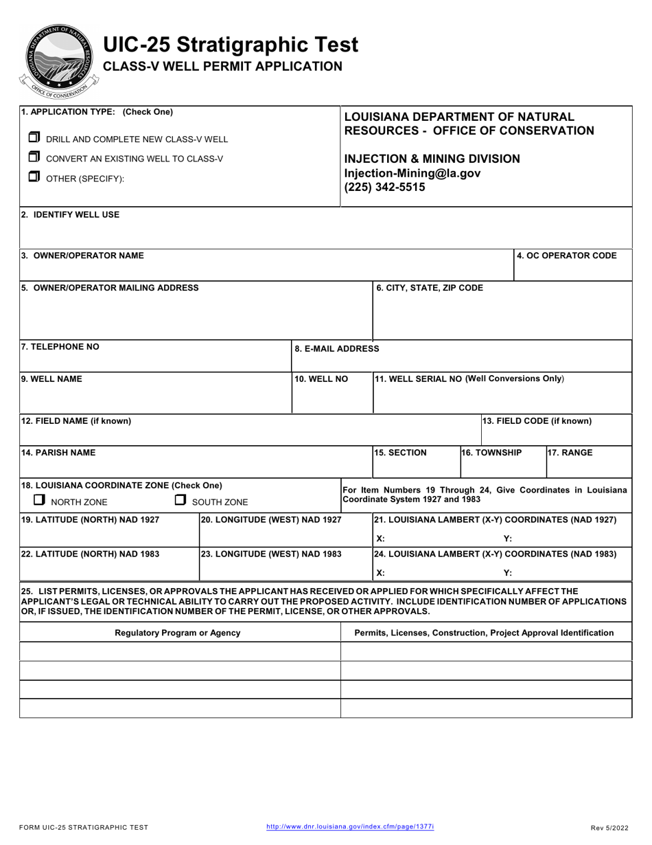 Form UIC-25 STRAT TEST Class V Stratigraphic Test Well Permit Application - Louisiana, Page 1