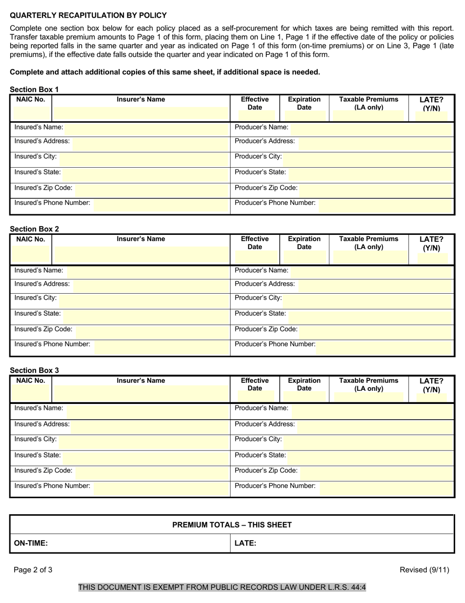 Form 1265B Surplus Line Insurer or Other Unauthorized Insurer Policy Statement Direct Placement Tax Report - Louisiana, Page 2