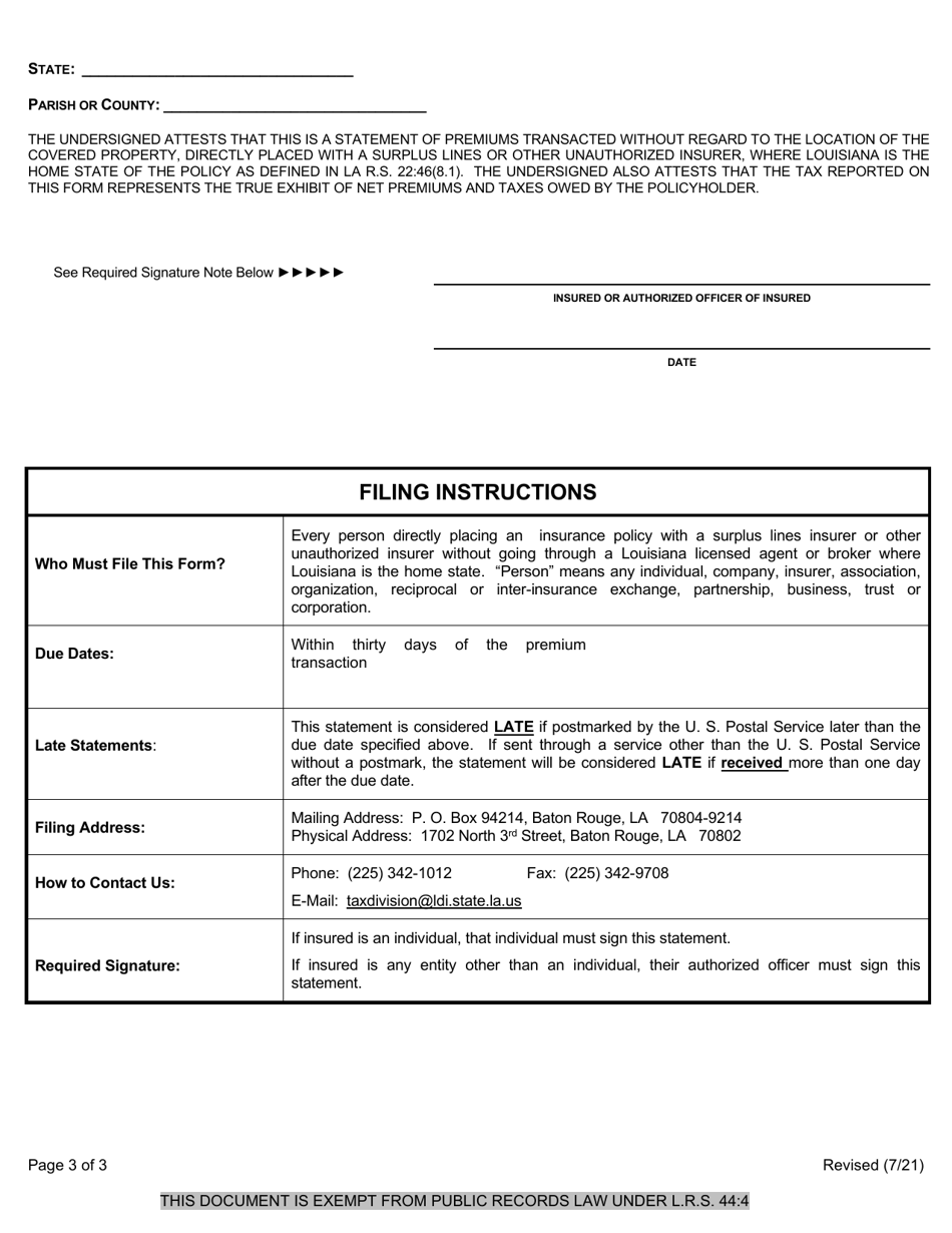 Form 1265B Surplus Line Insurer or Other Unauthorized Insurer Policy Statement Direct Placement Tax Report - Louisiana, Page 3
