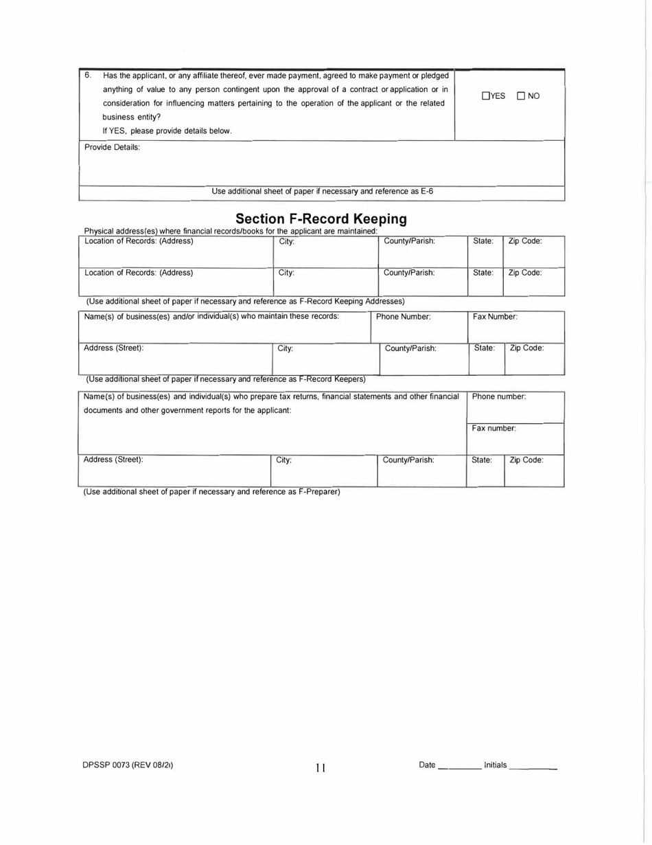 Form DPSSP0073 Level II Business Application (Manufacturer of Slot Machine and Video Draw Poker Devices Permit, Manufacturer of Gaming Equipment Other Than Slot Machines and Video Draw Poker Devices Permit, Gaming Supplier Permit, Non Gaming Supplier Permit) - Louisiana, Page 12