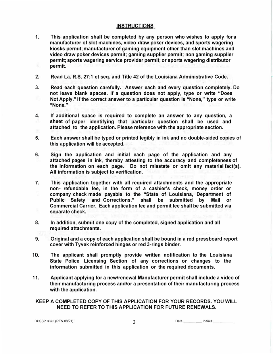 Form DPSSP0073 Level II Business Application (Manufacturer of Slot Machine and Video Draw Poker Devices Permit, Manufacturer of Gaming Equipment Other Than Slot Machines and Video Draw Poker Devices Permit, Gaming Supplier Permit, Non Gaming Supplier Permit) - Louisiana, Page 3