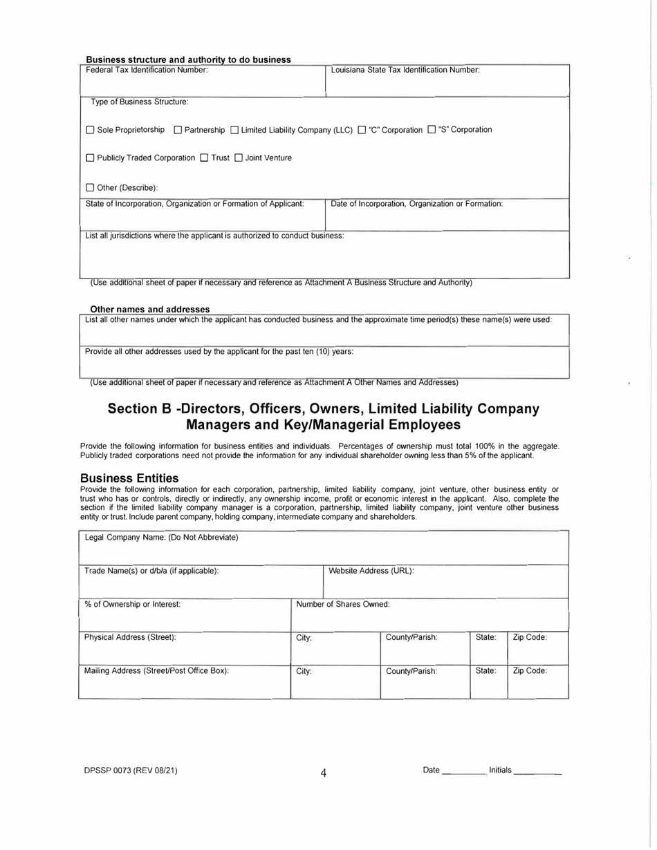 Form DPSSP0073 Level II Business Application (Manufacturer of Slot Machine and Video Draw Poker Devices Permit, Manufacturer of Gaming Equipment Other Than Slot Machines and Video Draw Poker Devices Permit, Gaming Supplier Permit, Non Gaming Supplier Permit) - Louisiana, Page 5
