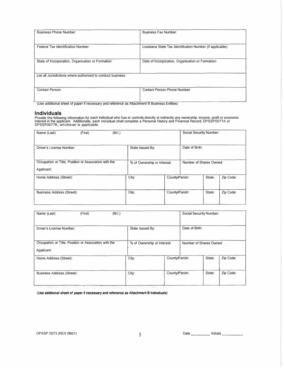 Form DPSSP0073 Level II Business Application (Manufacturer of Slot Machine and Video Draw Poker Devices Permit, Manufacturer of Gaming Equipment Other Than Slot Machines and Video Draw Poker Devices Permit, Gaming Supplier Permit, Non Gaming Supplier Permit) - Louisiana, Page 6