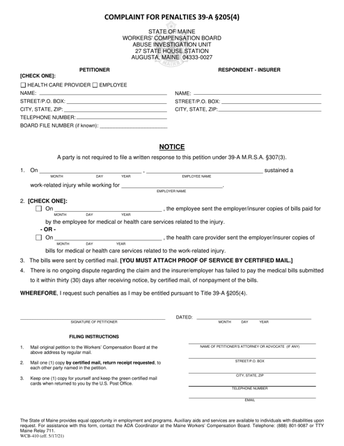Form WCB-410 Complaint for Penalties Pursuant to 39-a 205(4) - Maine