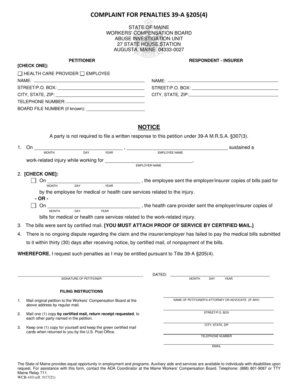 Form WCB-410 Complaint for Penalties Pursuant to 39-a 205(4) - Maine, Page 1