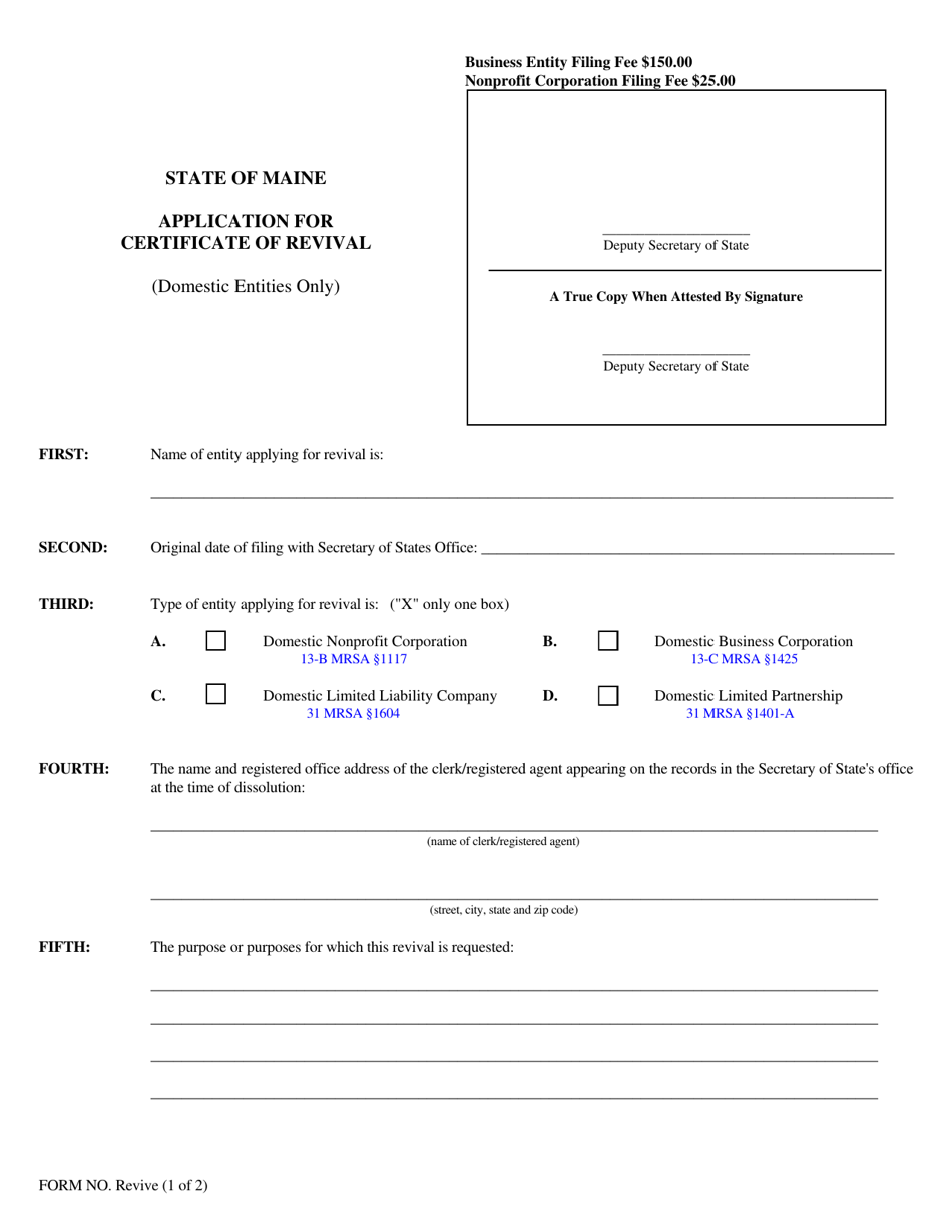 Form REVIVAL Application for Certificate of Revival (Domestic Entities Only) - Maine, Page 1