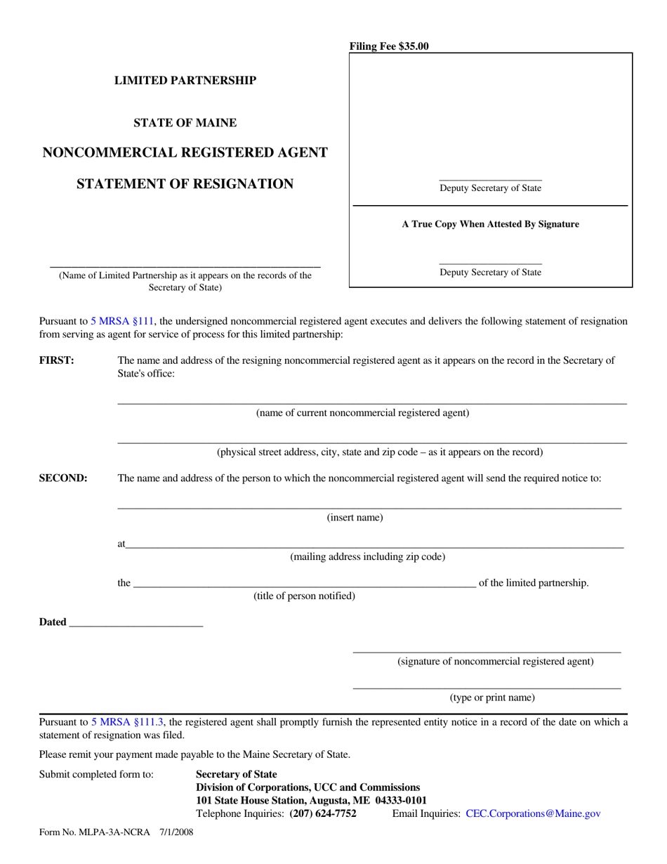 Form MLPA-3A-NCRA Limited Partnership Noncommercial Registered Agent Statement of Resignation - Maine, Page 1
