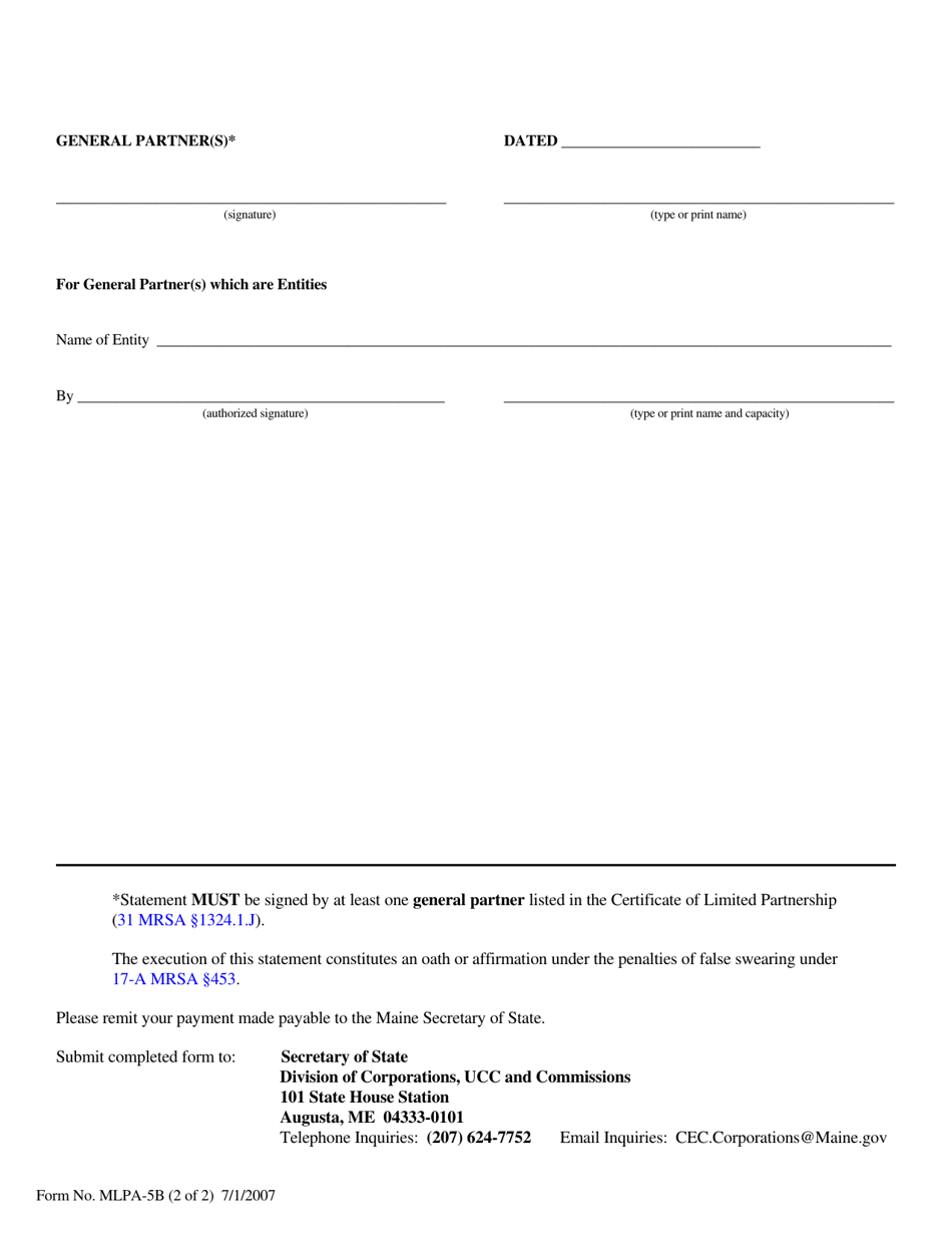 Form MLPA-5B Limited Partnership Statement to Add / Delete / Change Location Where an Assumed Name Is Used in Maine - Maine, Page 2