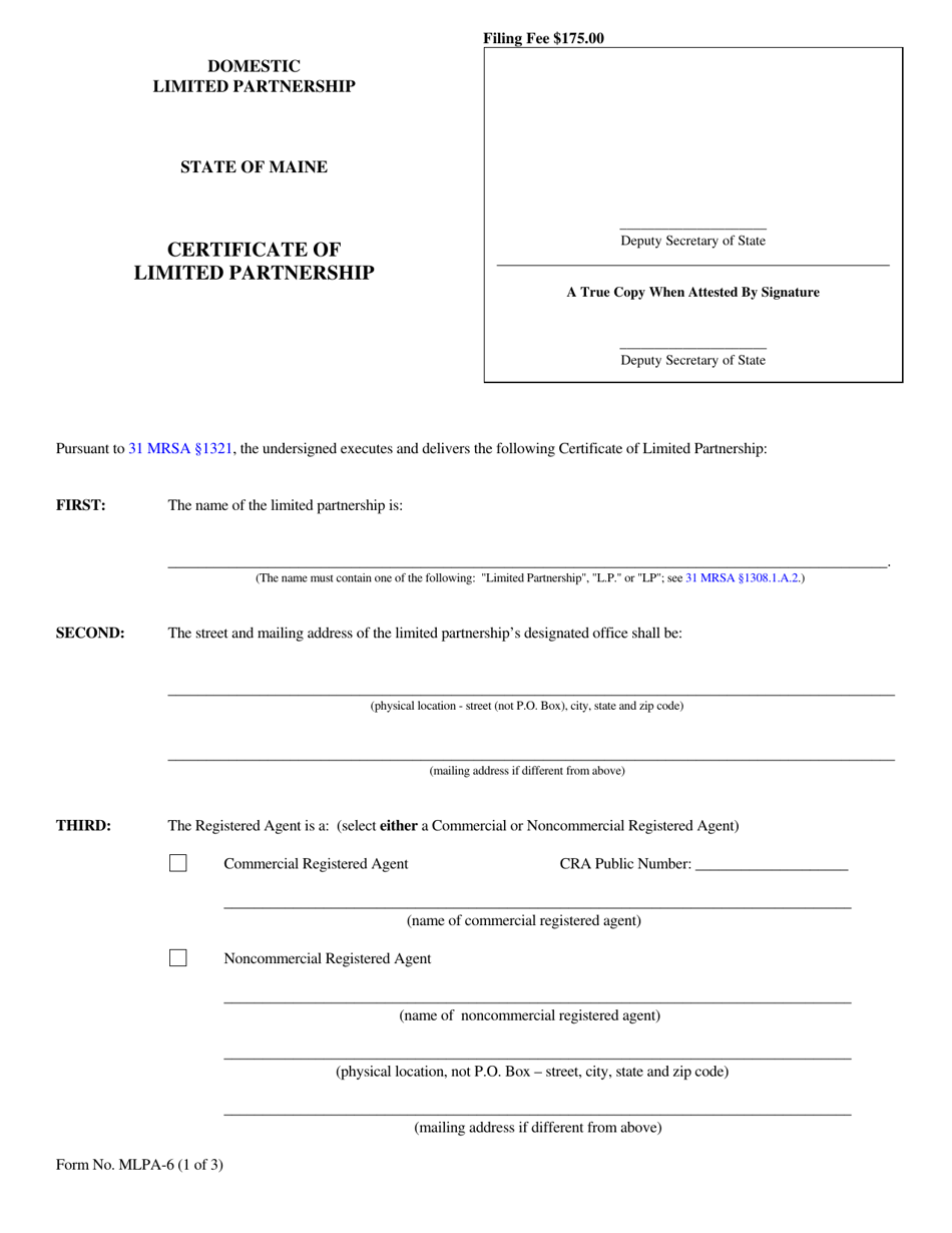 Form MLPA-6 Certificate of Limited Partnership - Maine, Page 1