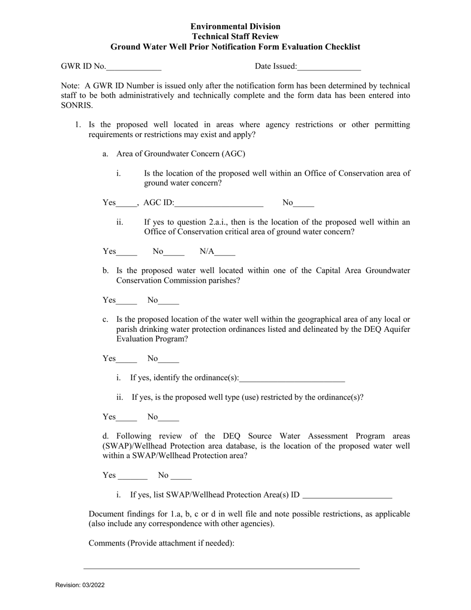 Ground Water Well Prior Notification Form Evaluation Checklist - Louisiana, Page 1