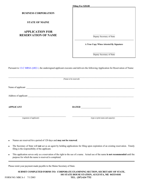 Form MBCA-1 Business Corporation Application for Reservation of Name - Maine