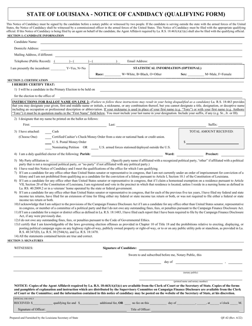 Form QF-42 Notice of Candidacy (Qualifying Form) - Louisiana