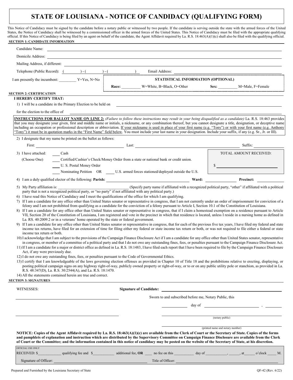 Form QF-42 Notice of Candidacy (Qualifying Form) - Louisiana, Page 1