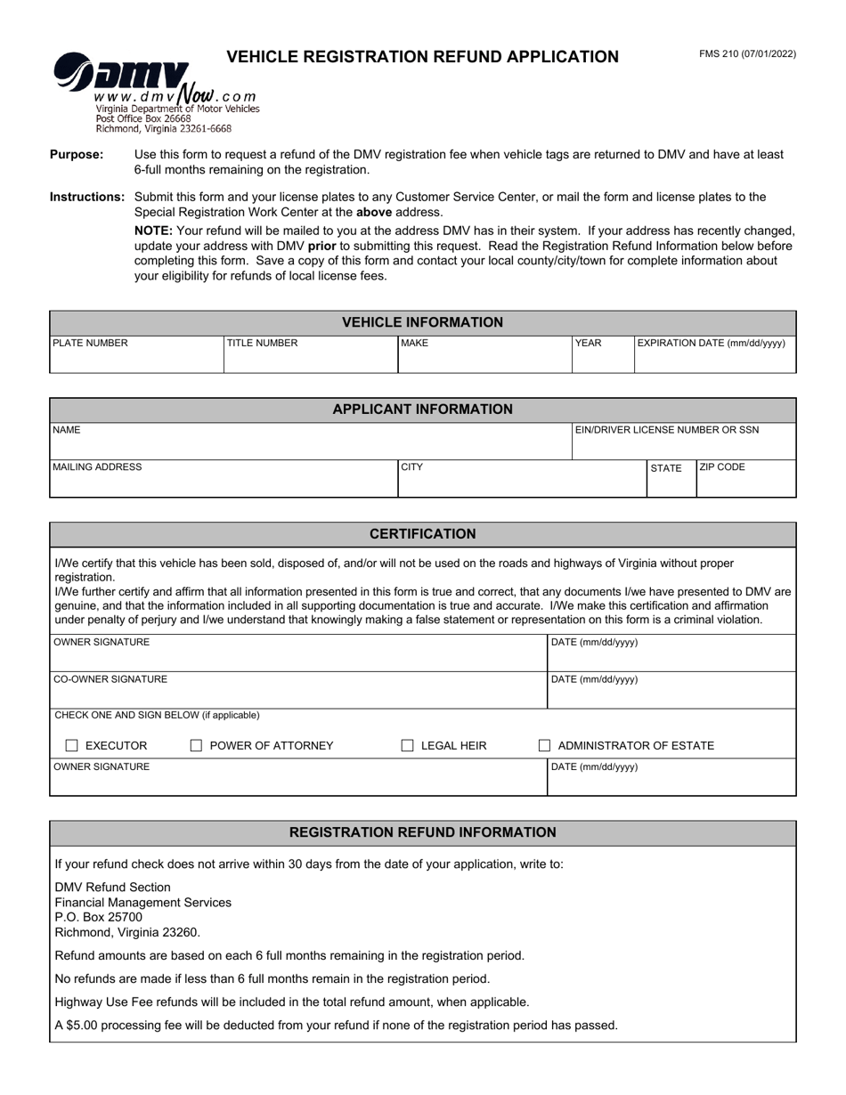 Form FMS210 Vehicle Registration Refund Application - Virginia, Page 1