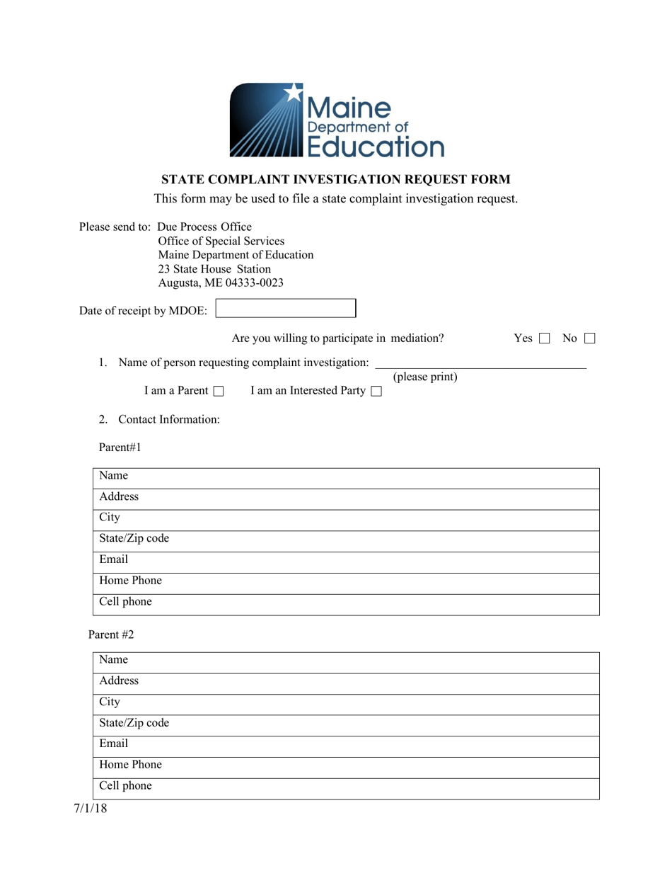 State Complaint Investigation Request Form - Maine, Page 1