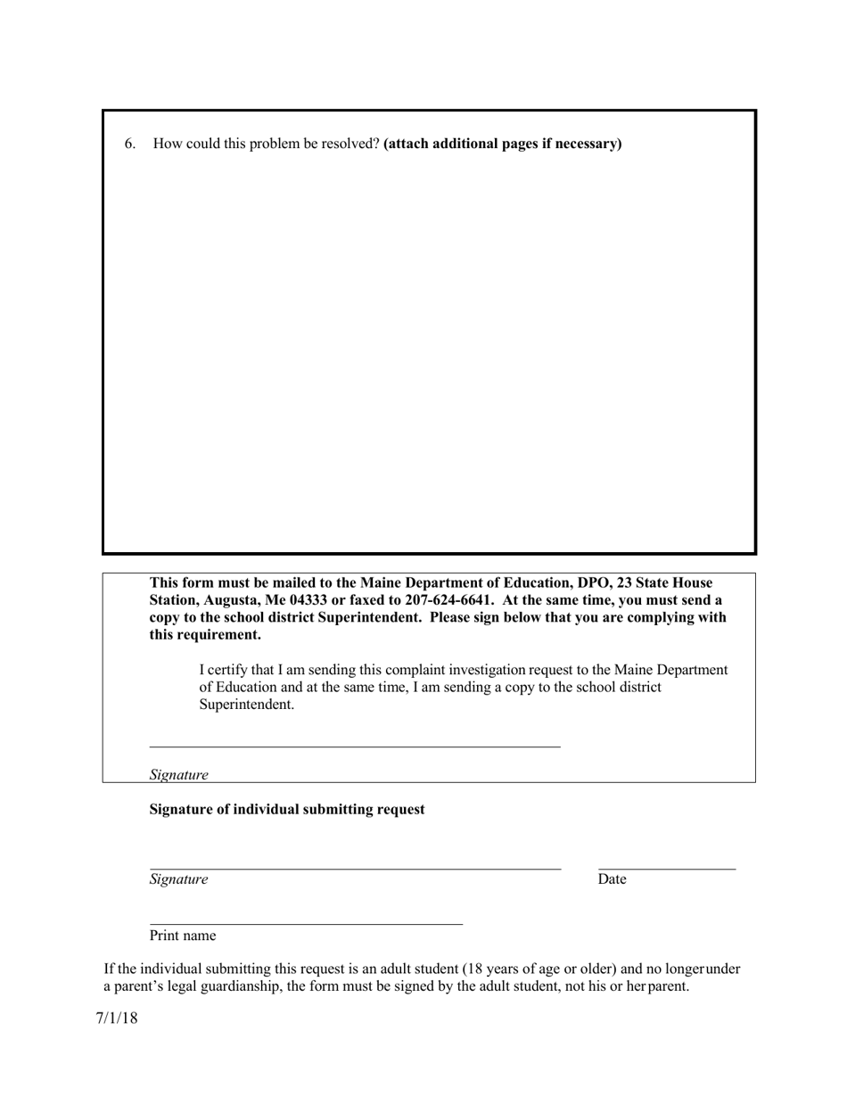 State Complaint Investigation Request Form - Maine, Page 4
