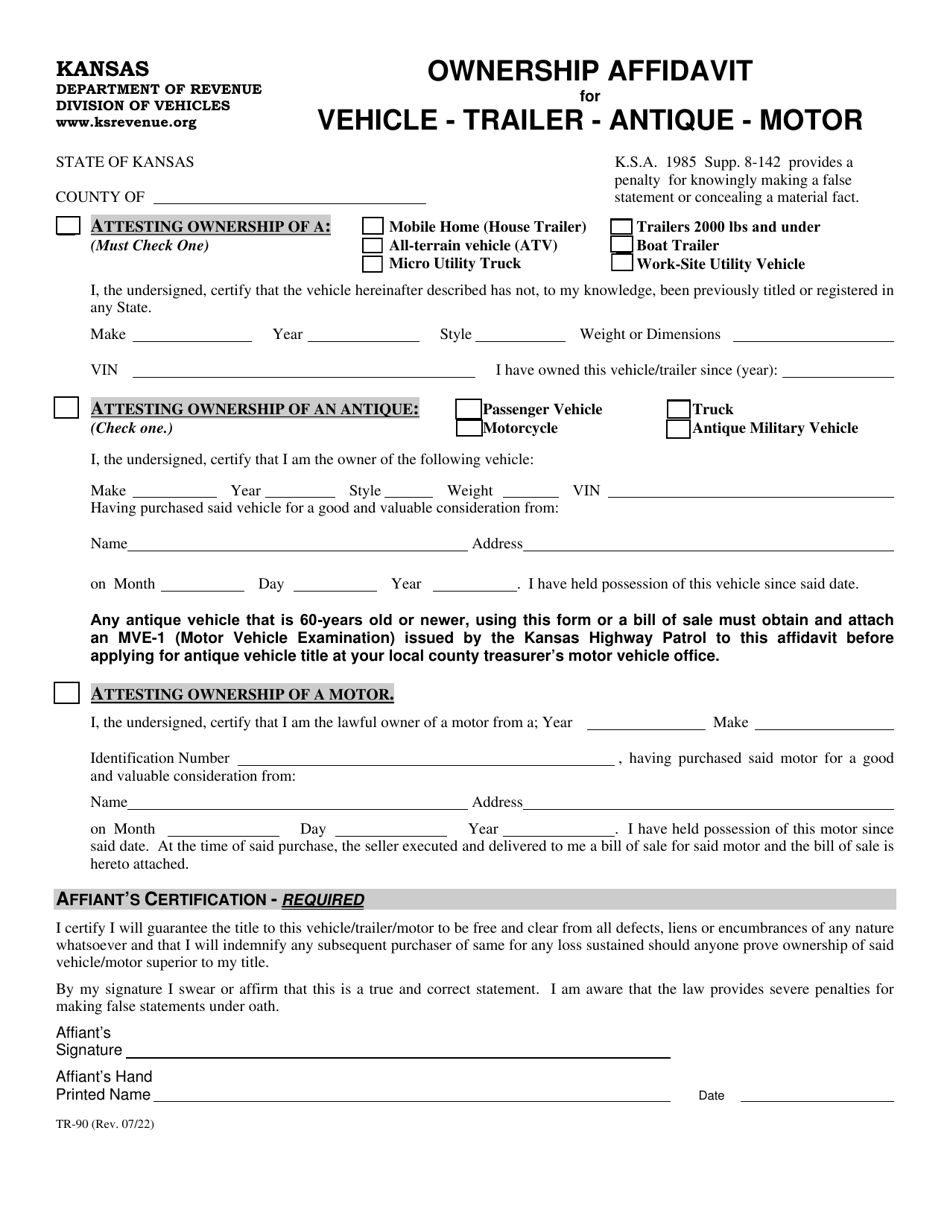 Form TR-90 Ownership Affidavit for Vehicle - Trailer - Antique - Motor - Kansas, Page 1