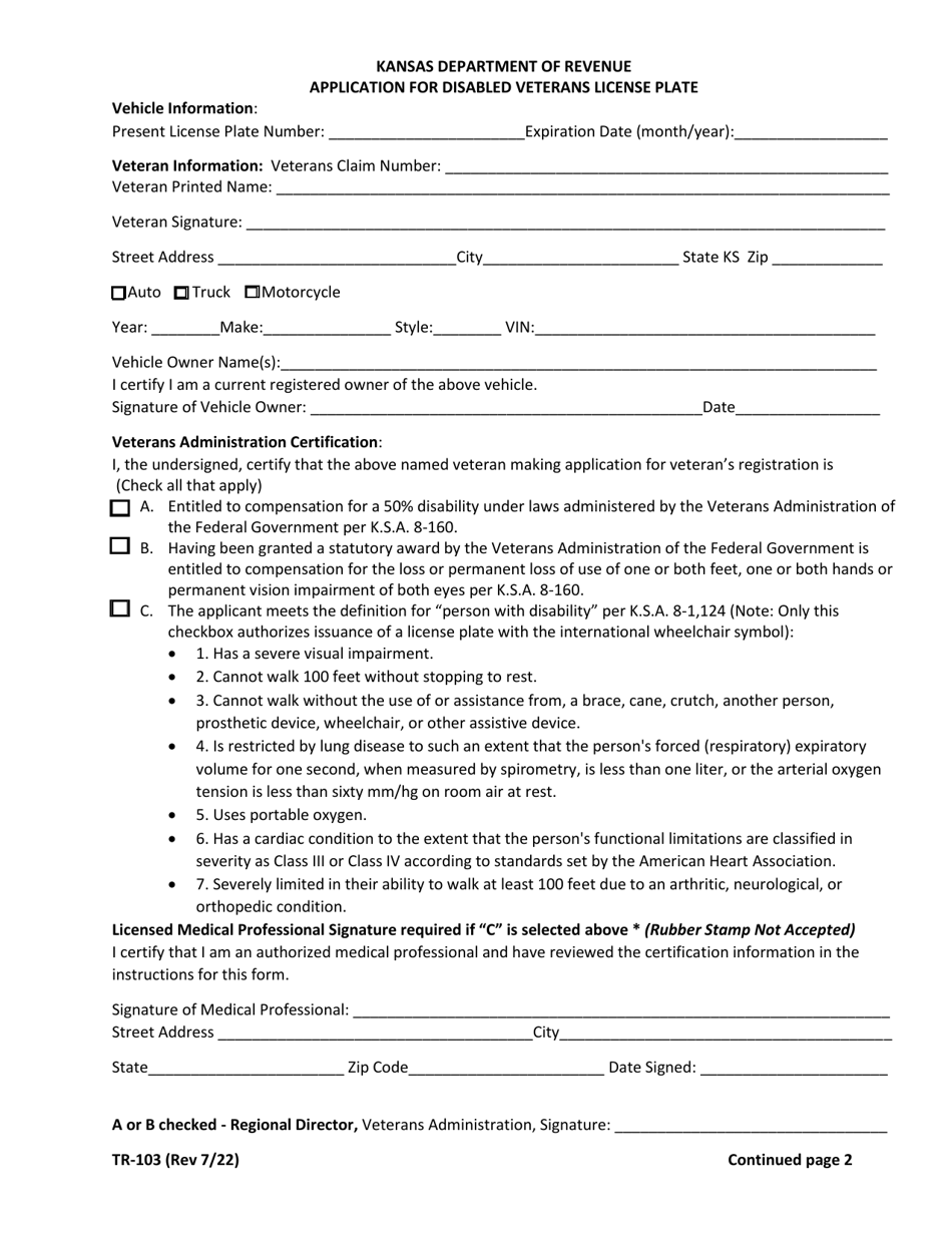 Form TR-103 Application for Disabled Veterans License Plate - Kansas, Page 1