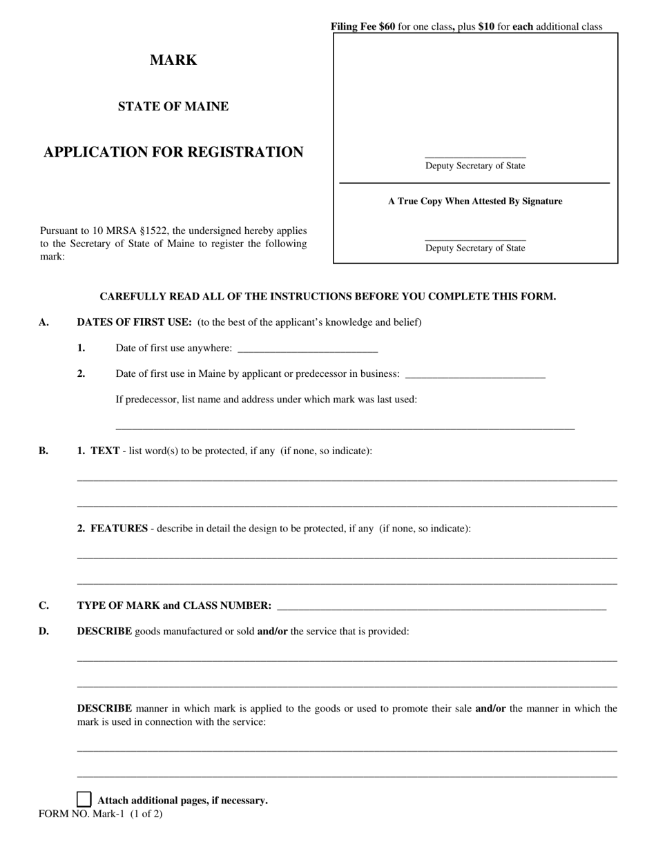 Form MARK-1 Application for Registration of a Mark - Maine, Page 1