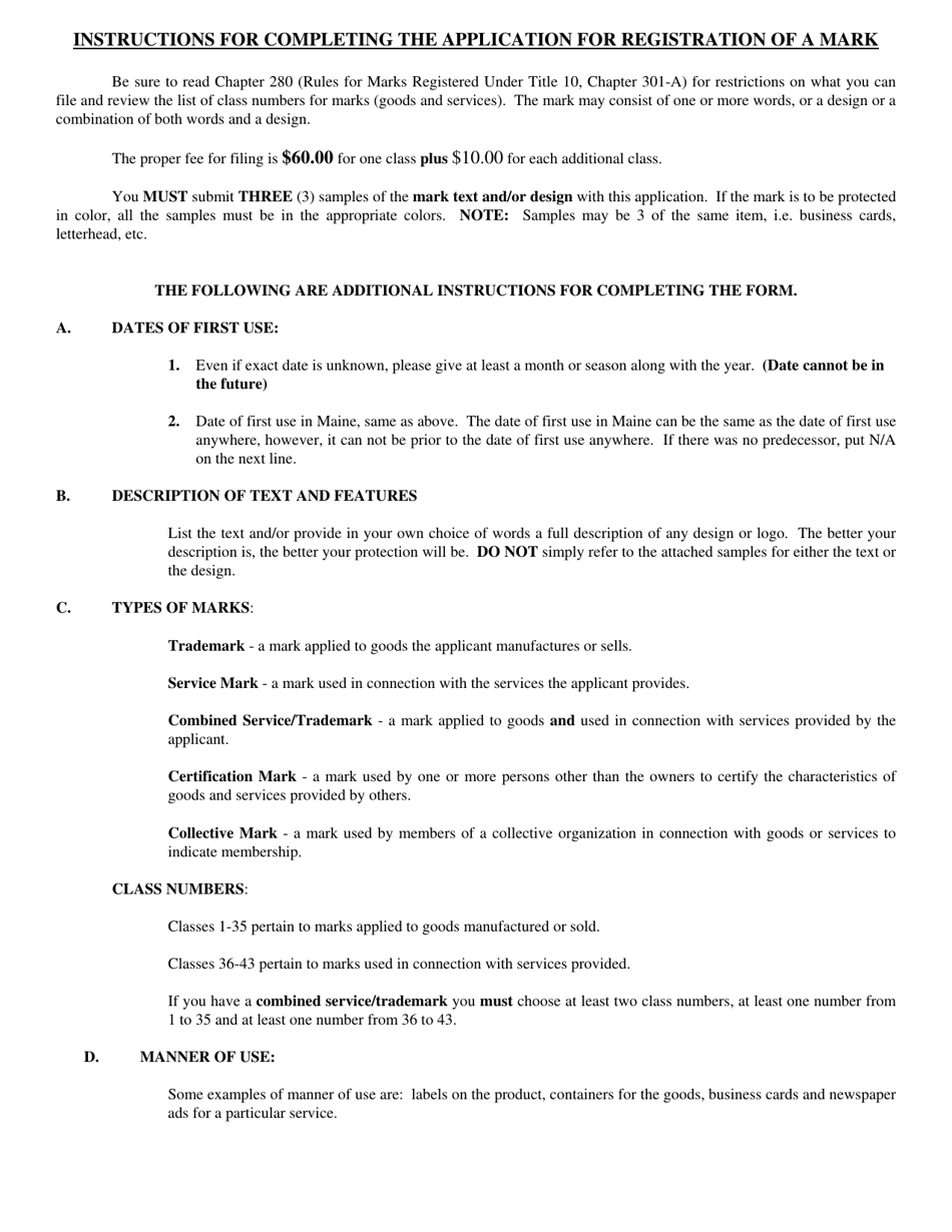 Form MARK-1 Application for Registration of a Mark - Maine, Page 4