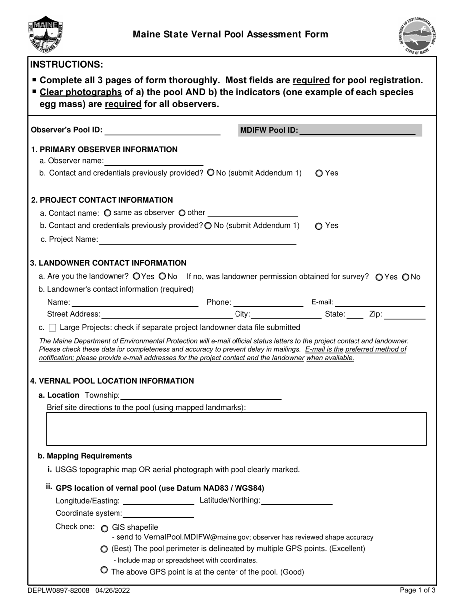 Form DEPLW0897-82008 Maine State Vernal Pool Assessment Form - Maine, Page 1