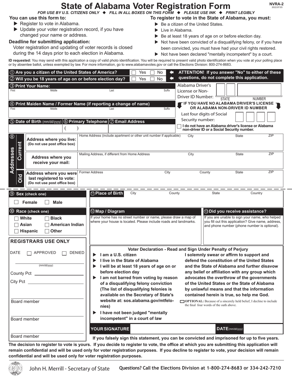 Form NVRA-2 Download Fillable PDF or Fill Online State of Alabama Voter ...