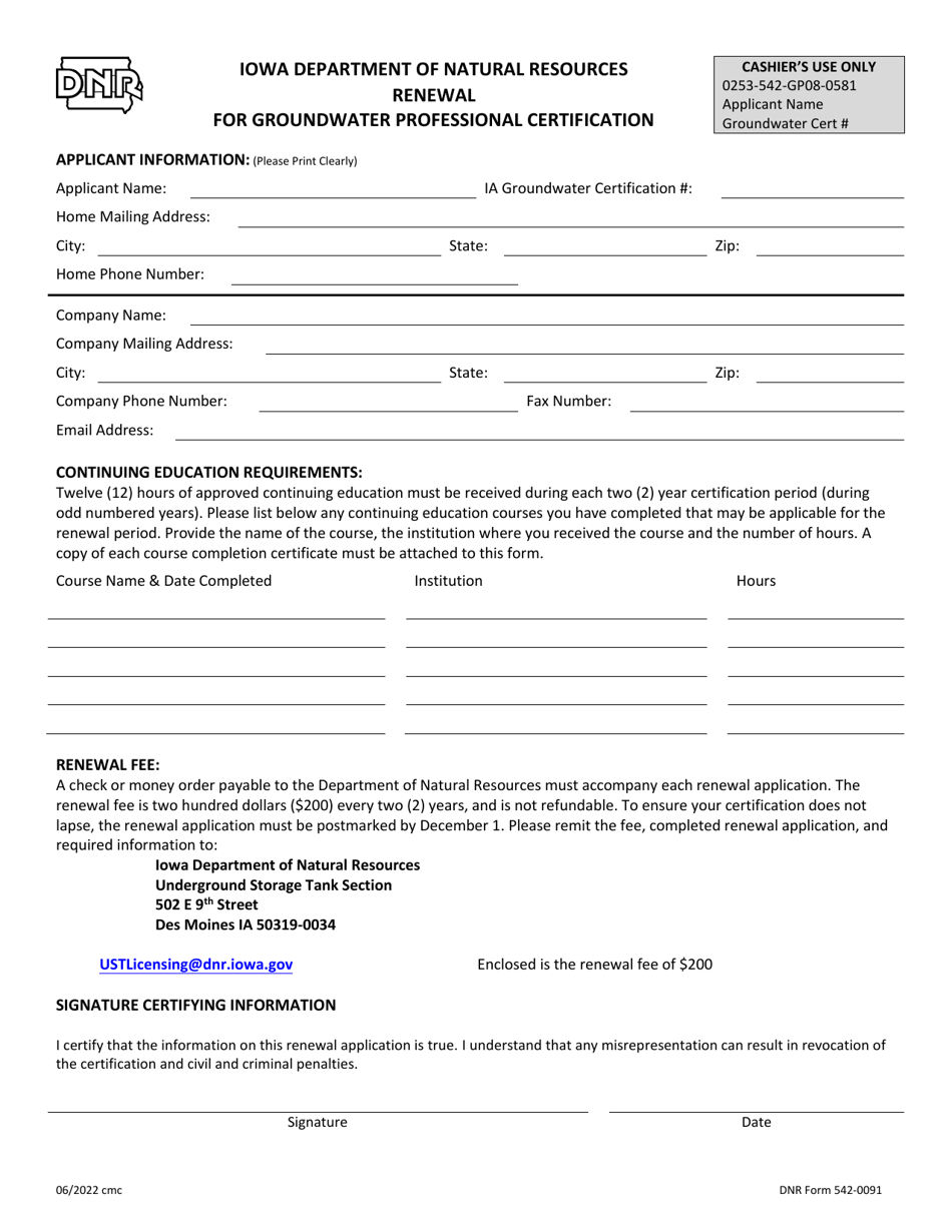 DNR Form 542-0091 Renewal for Groundwater Professional Certification - Iowa, Page 1