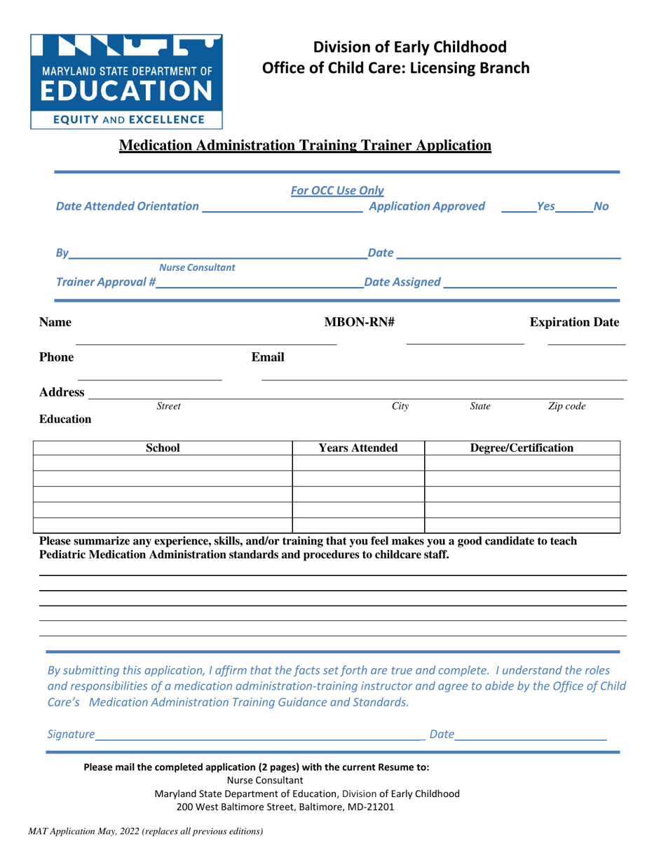 Medication Administration Training Trainer Application - Maryland, Page 1