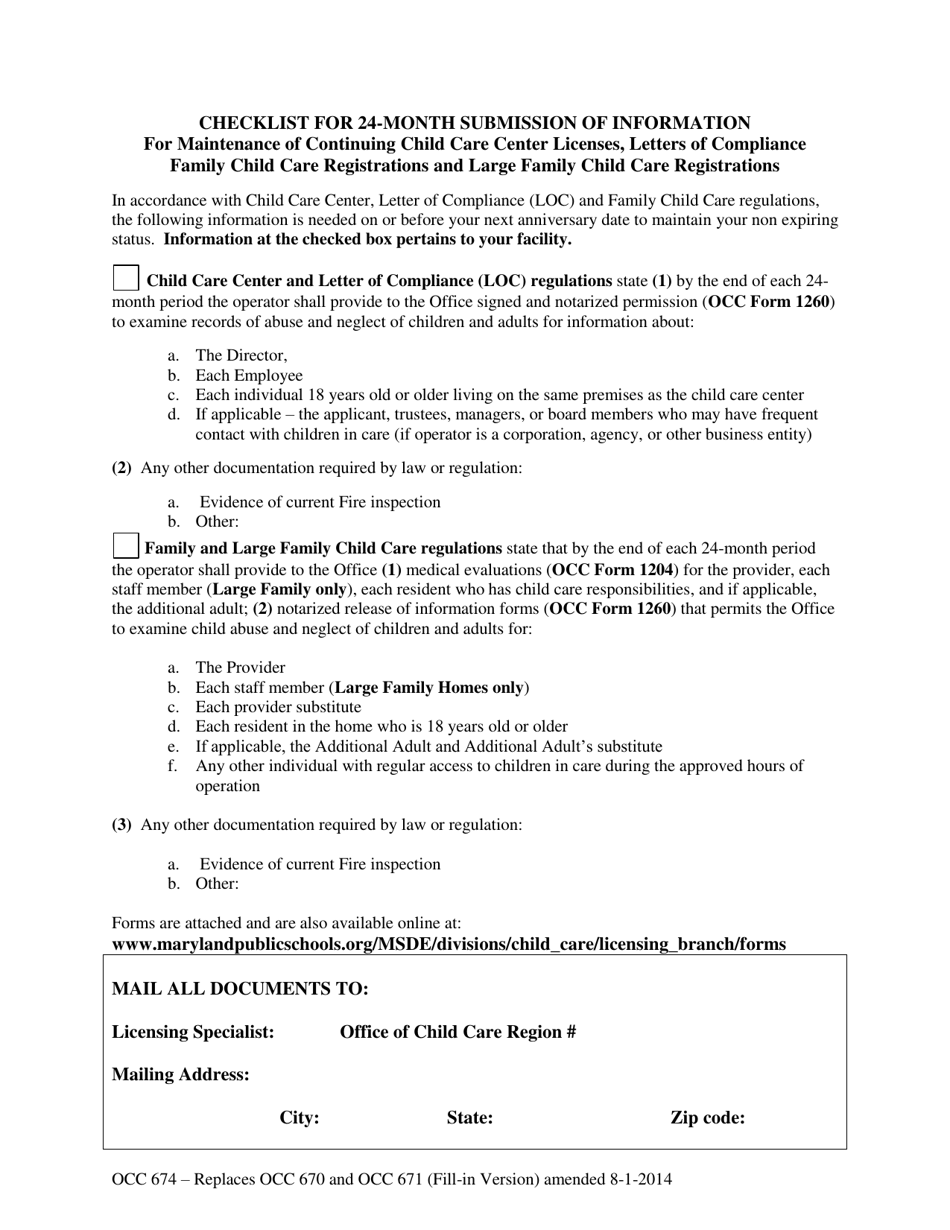Form OCC674 Universal 24-month Maintenance Cover Letter and Checklist Form - Maryland, Page 2
