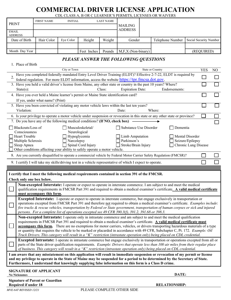Form MVE-64T Commercial Driver License Application - Maine, Page 1