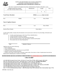 Document preview: DNR Form B292 Administration Exemption Affidavit - Maryland