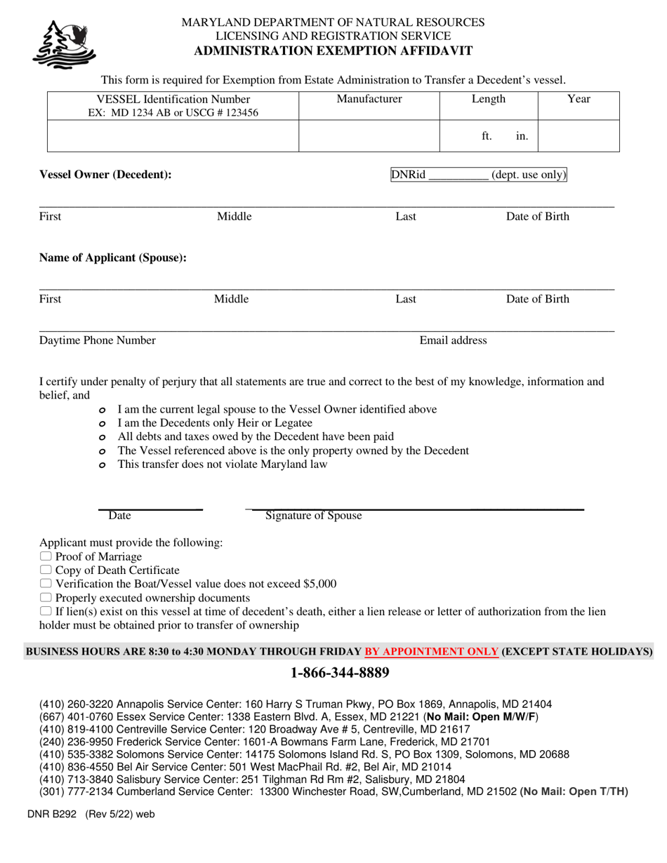 DNR Form B292 Administration Exemption Affidavit - Maryland, Page 1