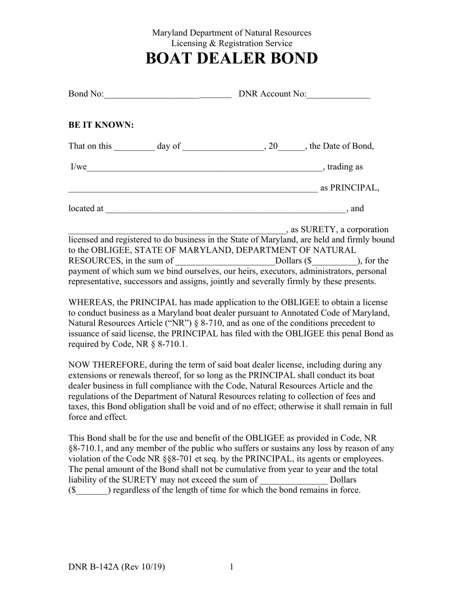 DNR Form B-142A Boat Dealer Bond - Maryland, Page 1