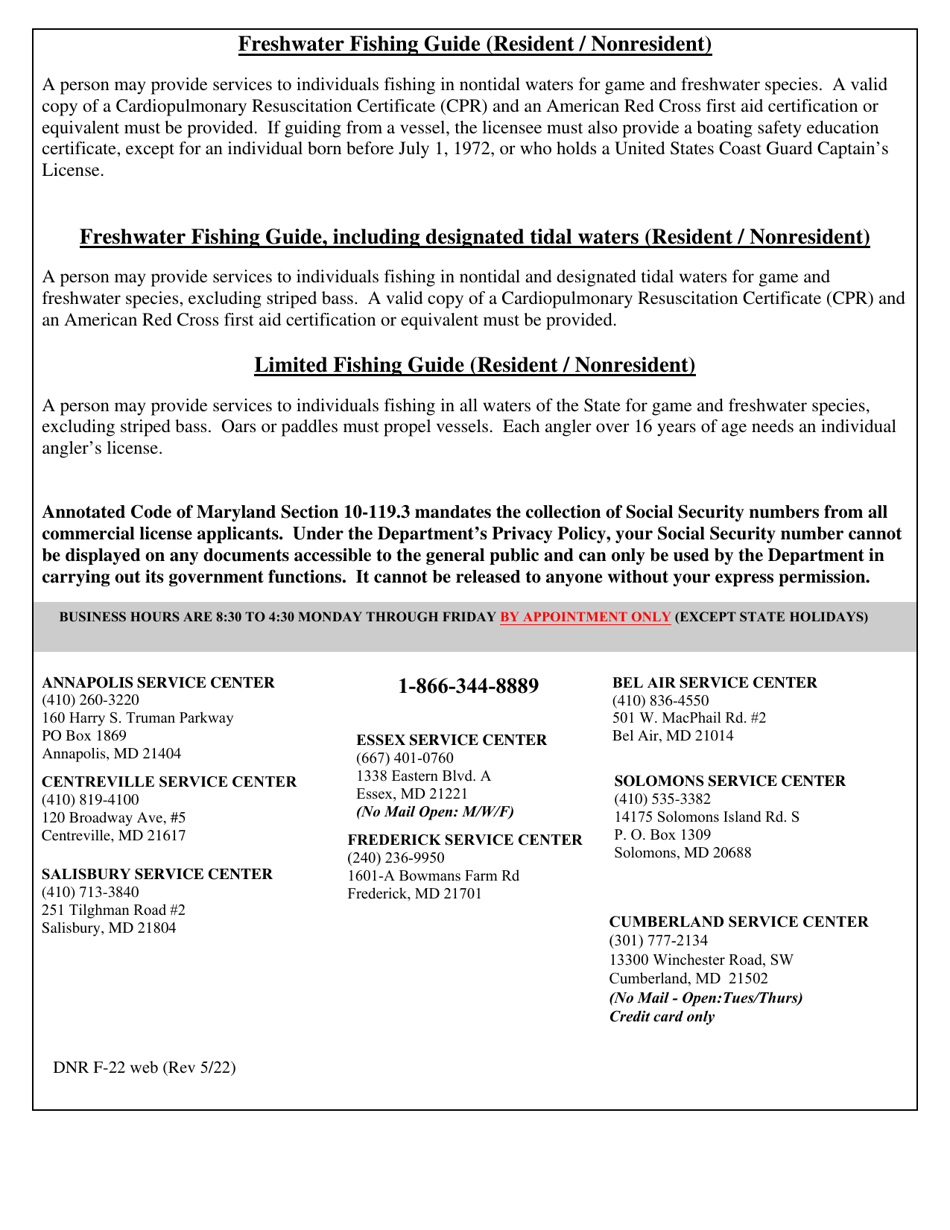 DNR Form F-22 Freshwater / Limited Fishing Guide License - Maryland, Page 2