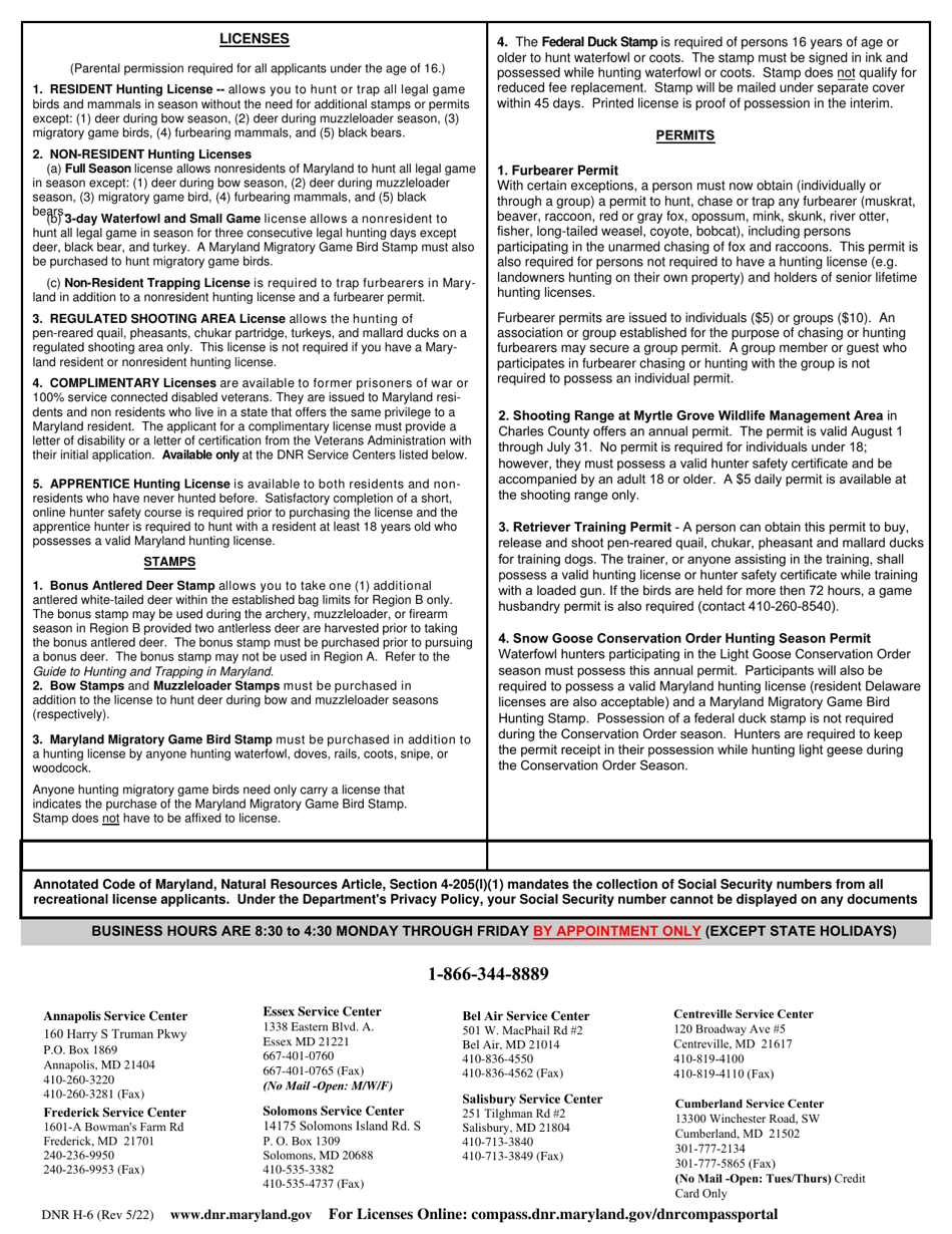 DNR Form H-6 Hunting License Application - Maryland, Page 2