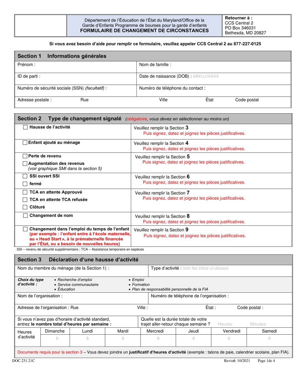 Form DOC.231.21C Circumstance Change Form - Maryland (French), Page 1