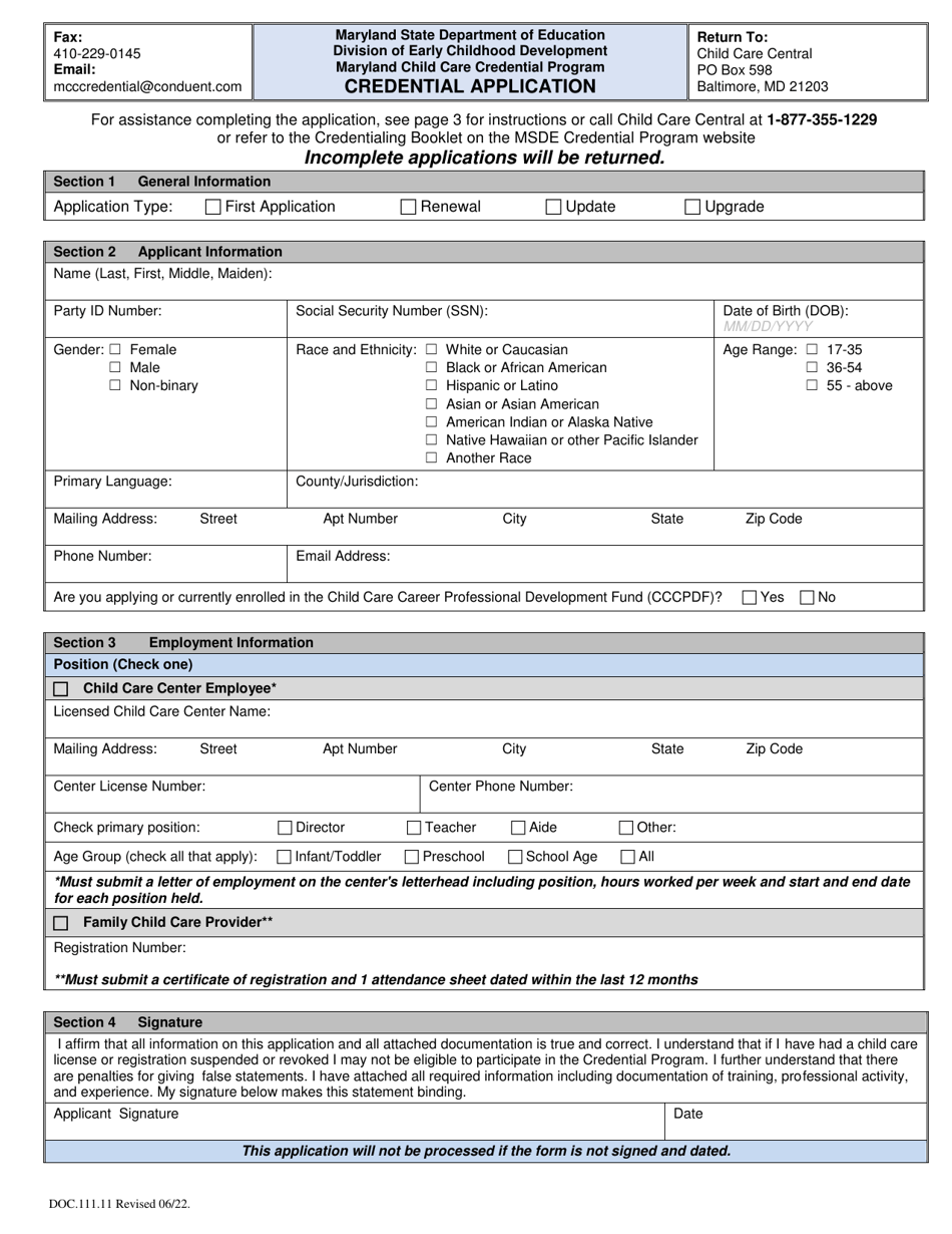 Form DOC.111.11 Credential Application - Maryland Child Care Credential Program - Maryland, Page 1