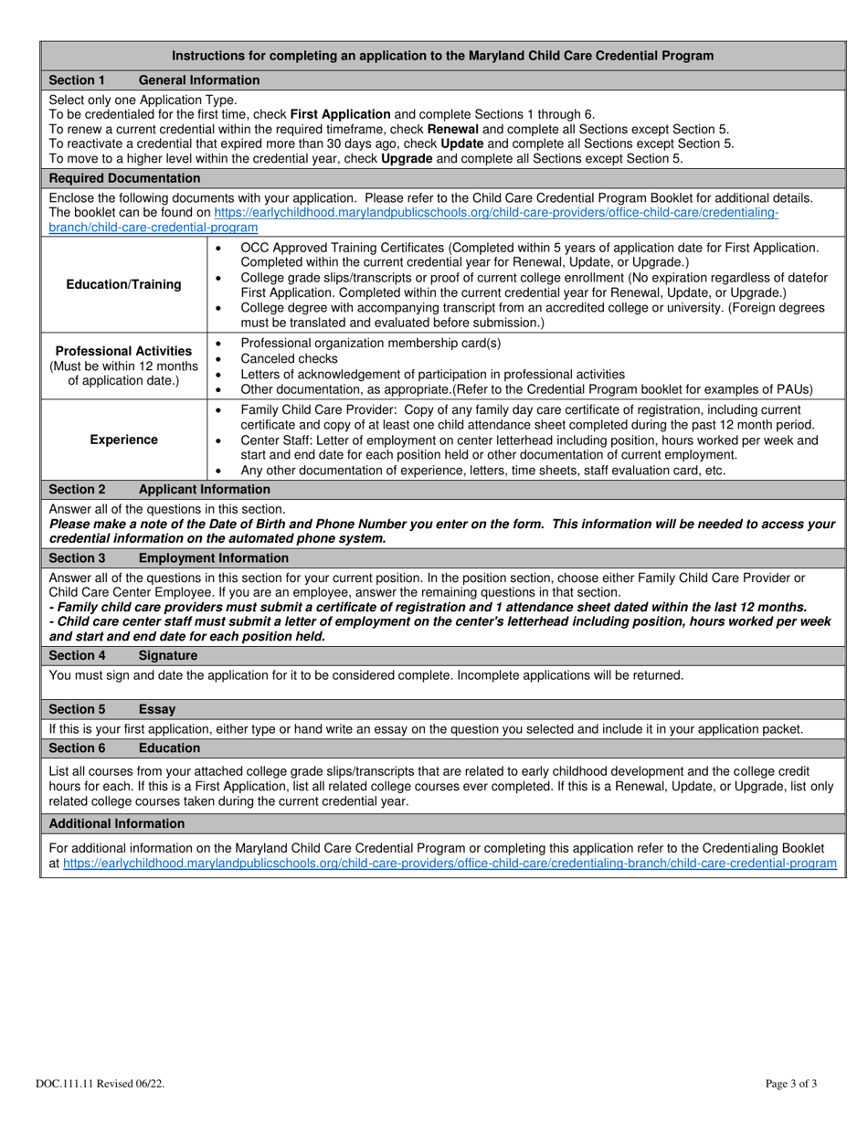 Form DOC.111.11 Credential Application - Maryland Child Care Credential Program - Maryland, Page 3