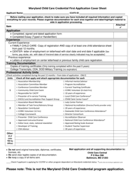 Document preview: Maryland Child Care Credential First Application Cover Sheet - Maryland