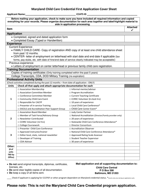 Maryland Child Care Credential First Application Cover Sheet - Maryland