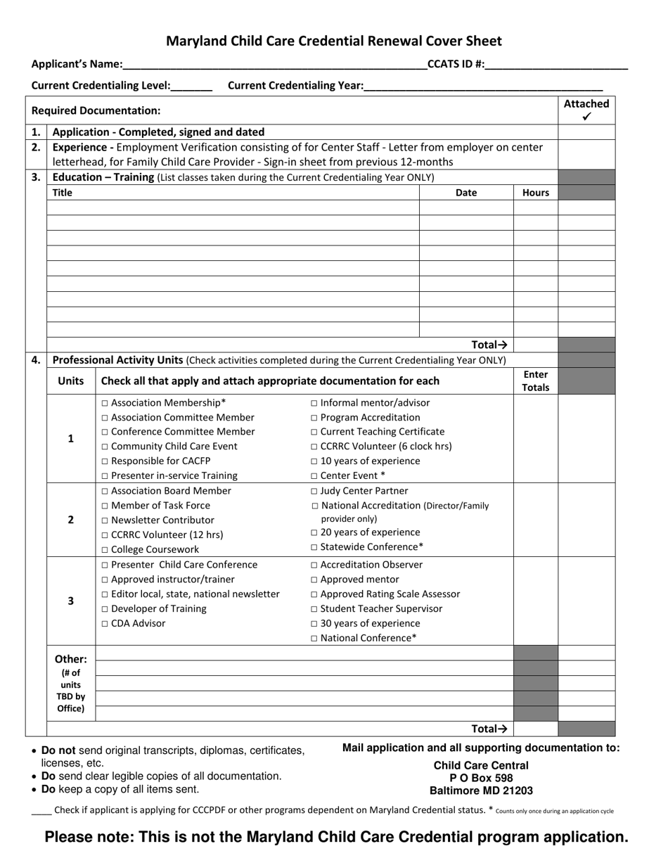 Maryland Maryland Child Care Credential Renewal Cover Sheet Fill Out