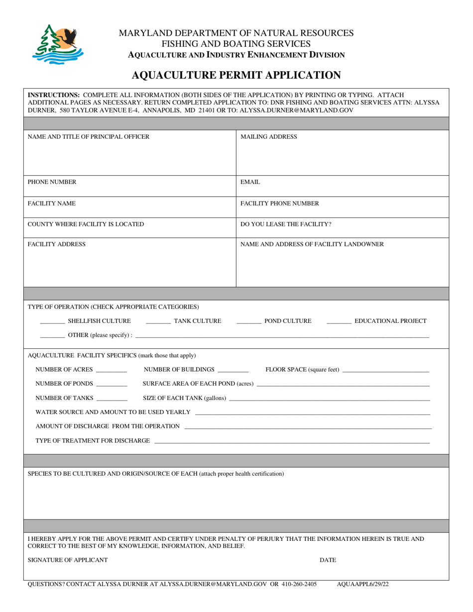 Aquaculture Permit Application - Maryland, Page 1