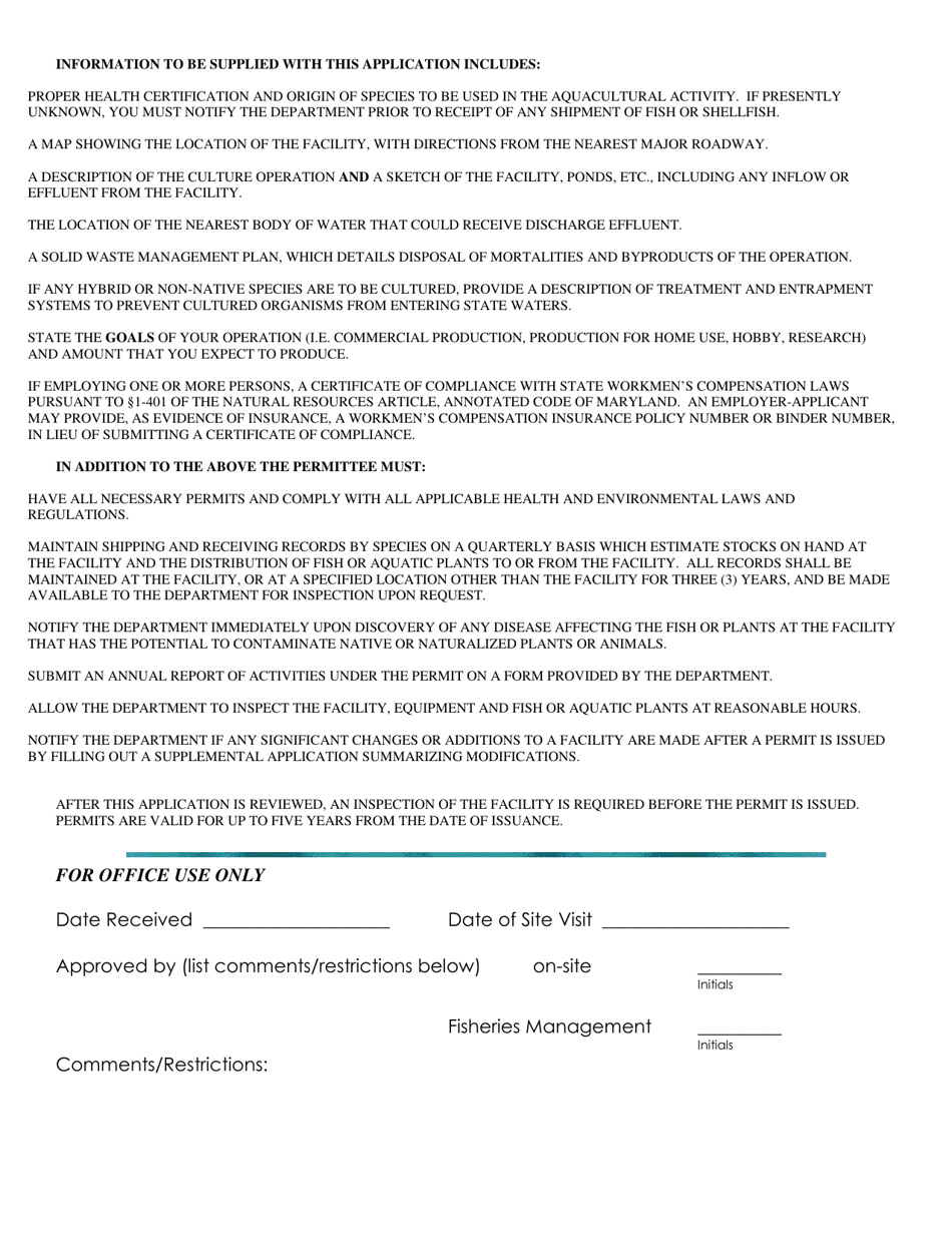 Aquaculture Permit Application - Maryland, Page 2