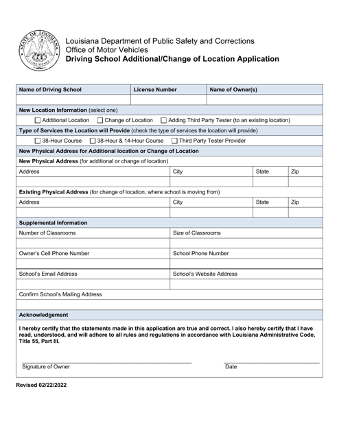 Driving School Additional / Change of Location Application - Louisiana Download Pdf