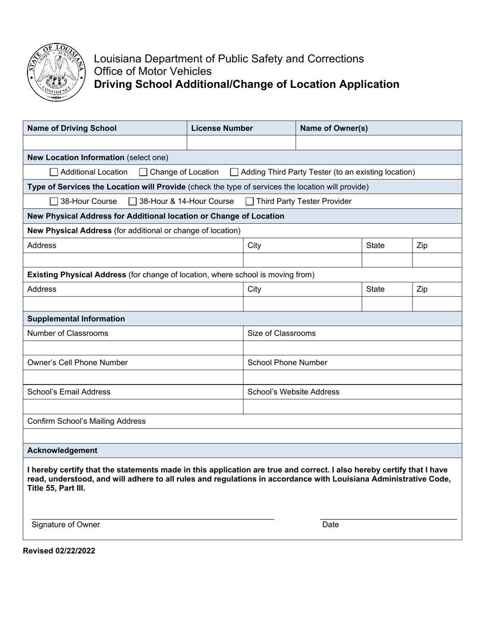 Louisiana Driving School Additional/Change of Location Application ...