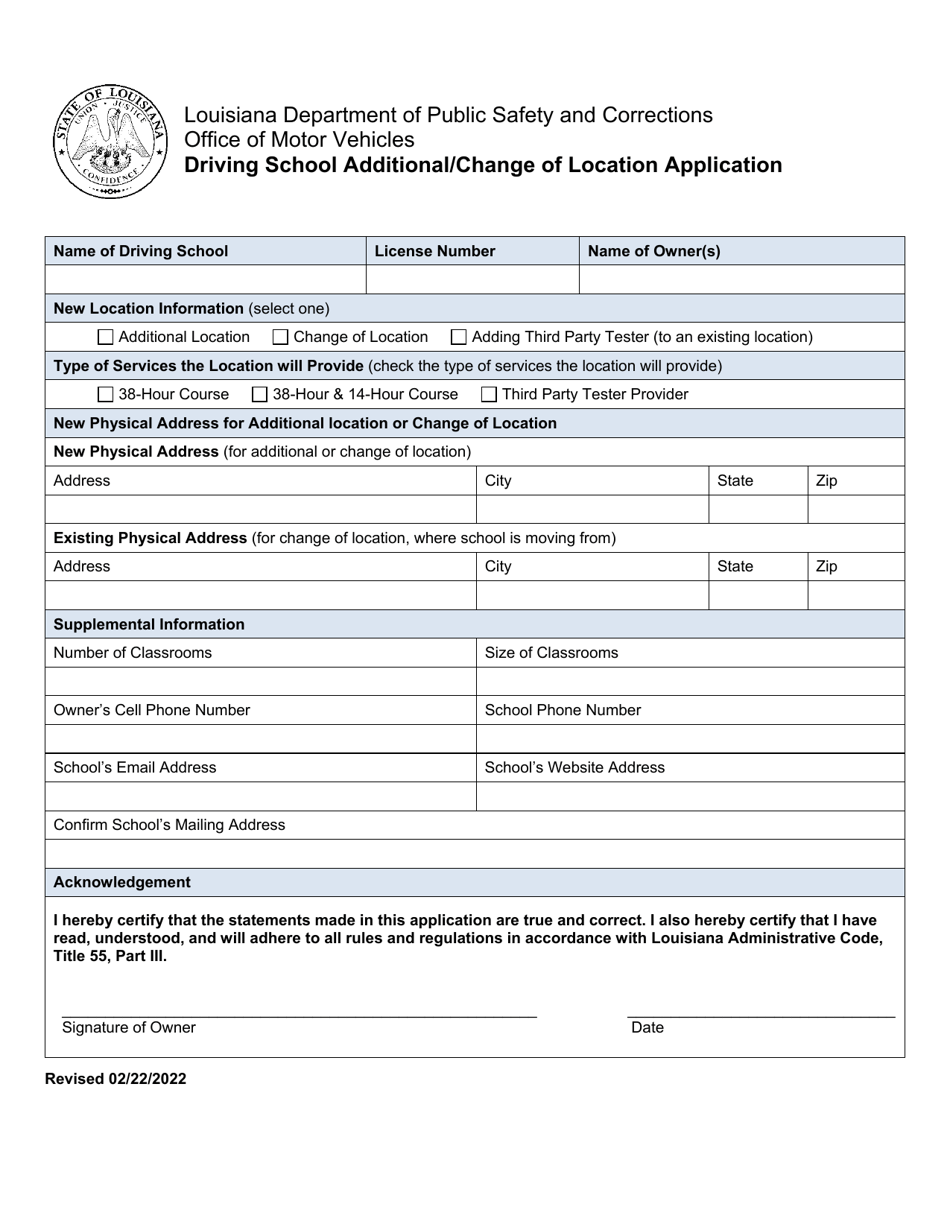 Driving School Additional / Change of Location Application - Louisiana, Page 1